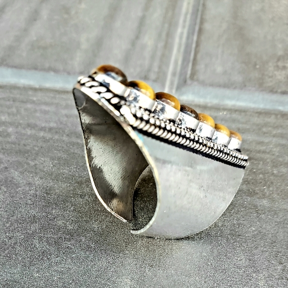 New 7 Stone Tiger Eye Adjustable Silver Statement Ring. - Picture 6 of 15